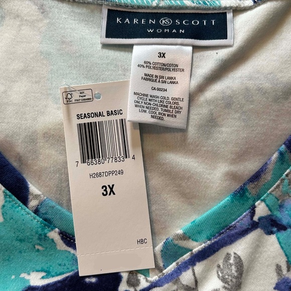 TOP, COTTON BLEND, BLUE/TURQUOISE/GREY, SIZE 3X, ROUND NECK, LONG SLEEVES, KAREN - Picture 7 of 8